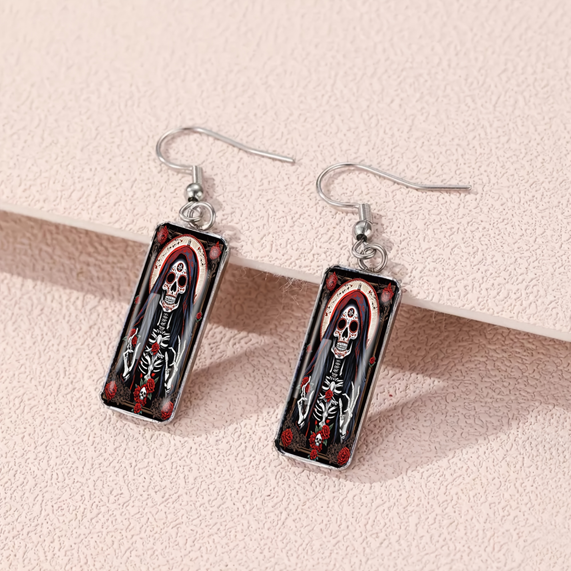 Holy Death Skull Rose Pattern Long Earrings, Bohemian Style